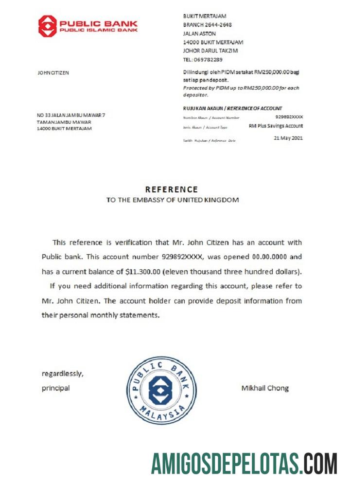 Referência do Banco Público da Malásia exemplo real